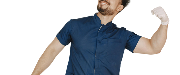 Healthcare worker celebrating improved wellbeing after practicing self care and burnout prevention habits.